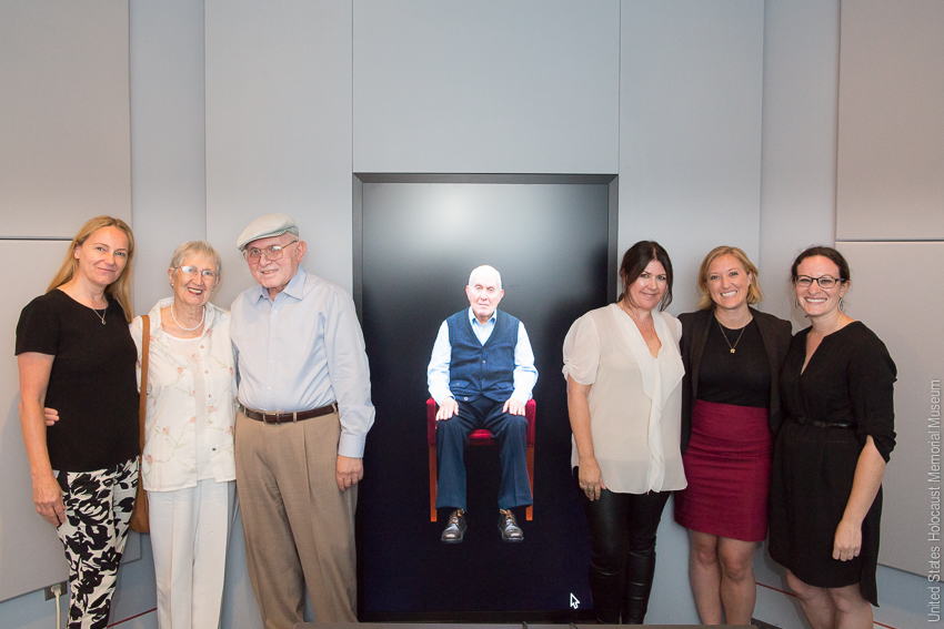 (L-R) Karen Jungblut from USC Shoah Foundation, Dorothy Gutter, Pinchas Gutter, Heather Maio and Kia Hays of USC Shoah Foundation with Elissa Frankle at the NDT display at the Holocaust Museum. Photo Credit: U.S. Holocaust Memorial Museum 