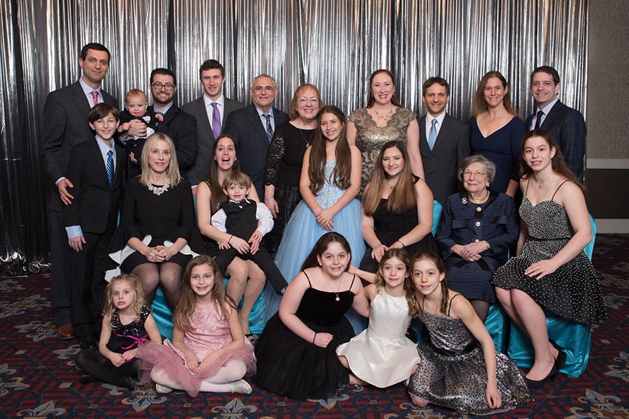 Suzy, with daughter and son-in-law Kitty and Joseph Israeli, and all of their descendants at a bat mitzvah in 2018