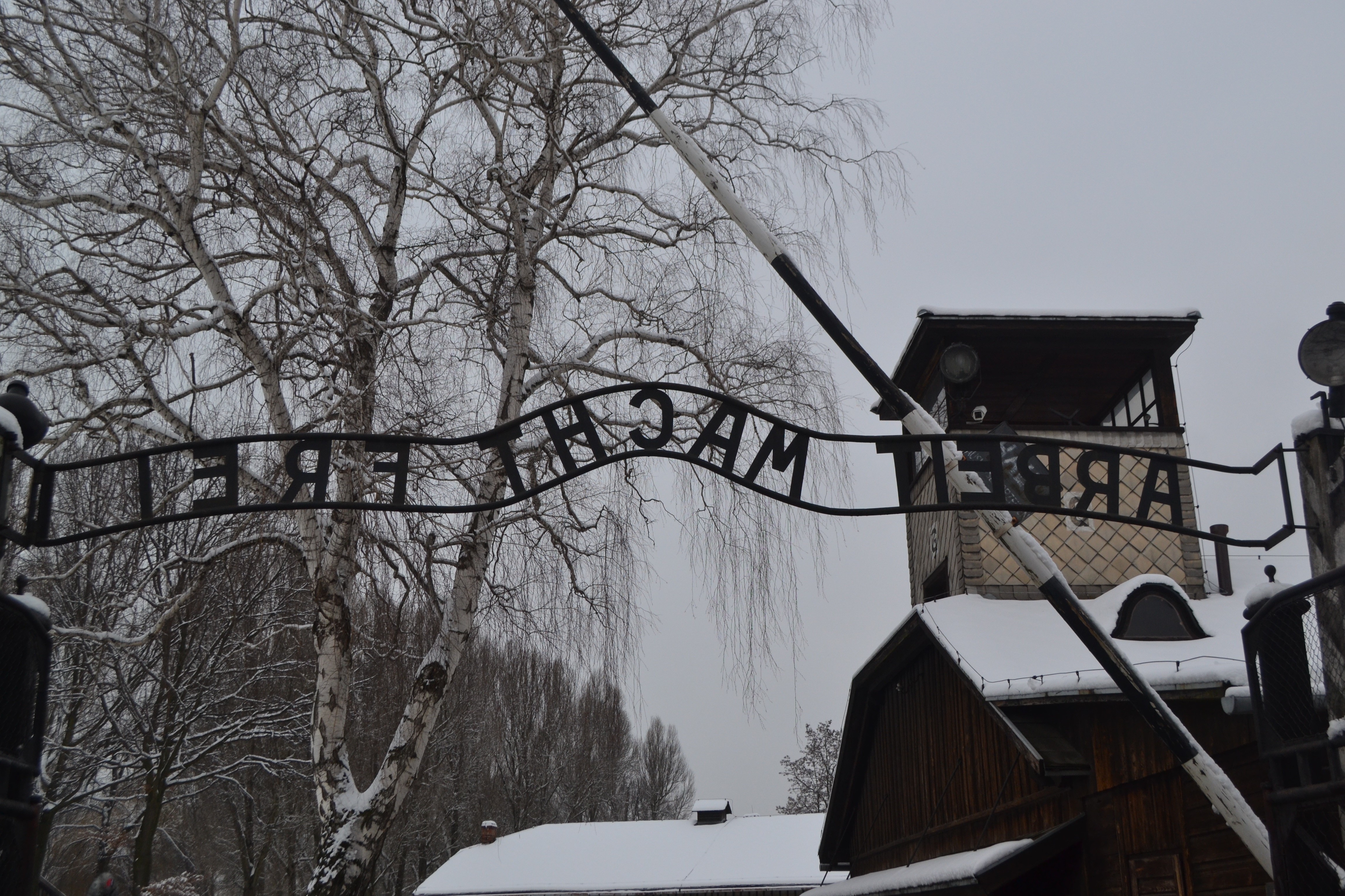 View of the entrance sign from inside Auschwitz - I.