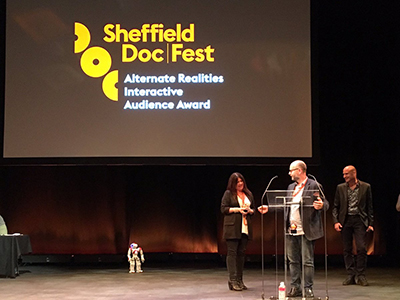 Smith and Maio accept the audience award. Courtesy Sheffield Doc Fest
