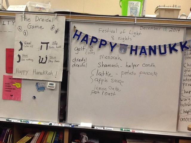 A picture of my mom&#039;s classroom during the Hanukkah lesson