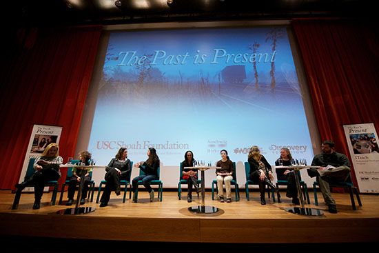 (Wells, third from left, participates on a panel discussion about teaching with testimony at the Museum of the History of Polish Jews for "The Past is Present")