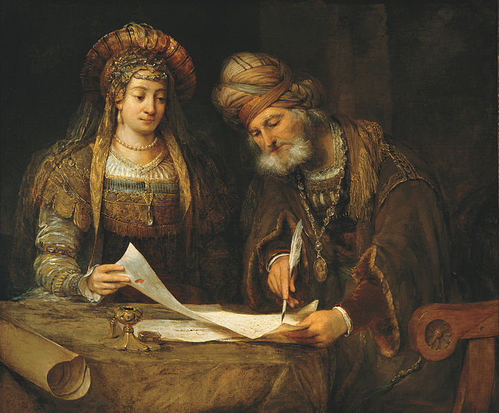 Esther and Mordecai writing the first letter of Purim courtesy of Wikicommons.