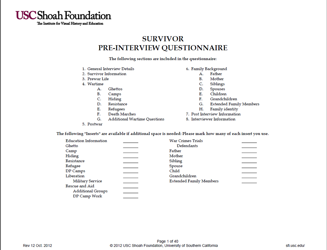 USC Shoah Foundation Pre-Interview Questionnaire given to interviewee before recording tesitmony. 