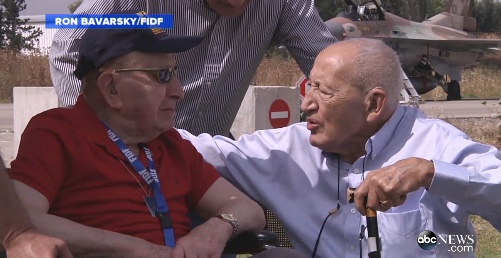 Screen capture from ABC News video of Sidney Shafner and Marcel Levy reuniting in Israel.  