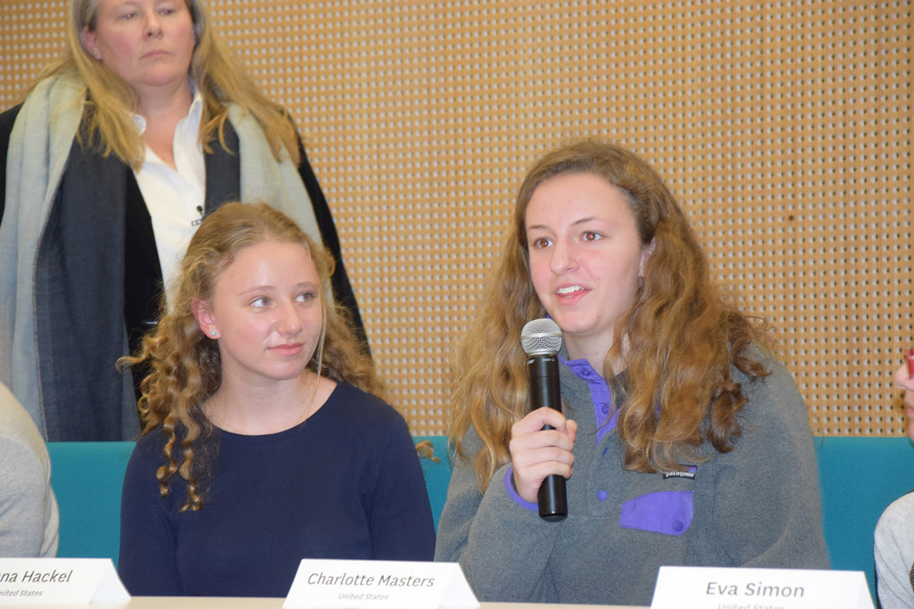 Students Anna Hackel, 15, and Charlotte Masters, 16, talk about using USC Shoah Foundation’s IWitness educational platform as Kori Street looks on. (USC Photo/Josh Grossberg)