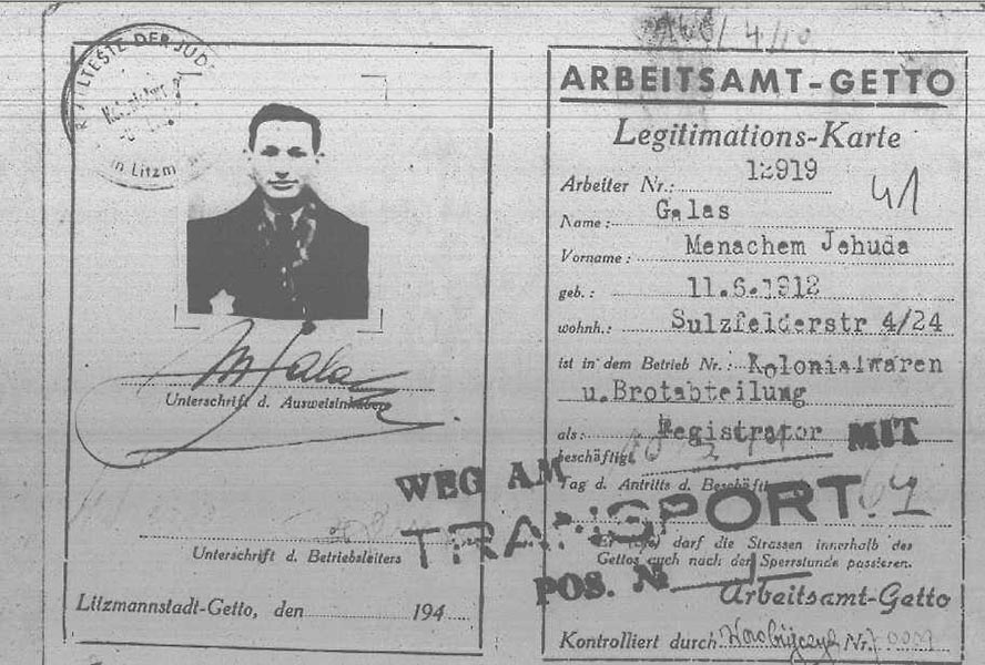 Deborah spent years fruitlessly searching for her uncle, Menachem Galas. His Lodz ghetto ID card, stamped “transport 69,” was the first document she found for him.