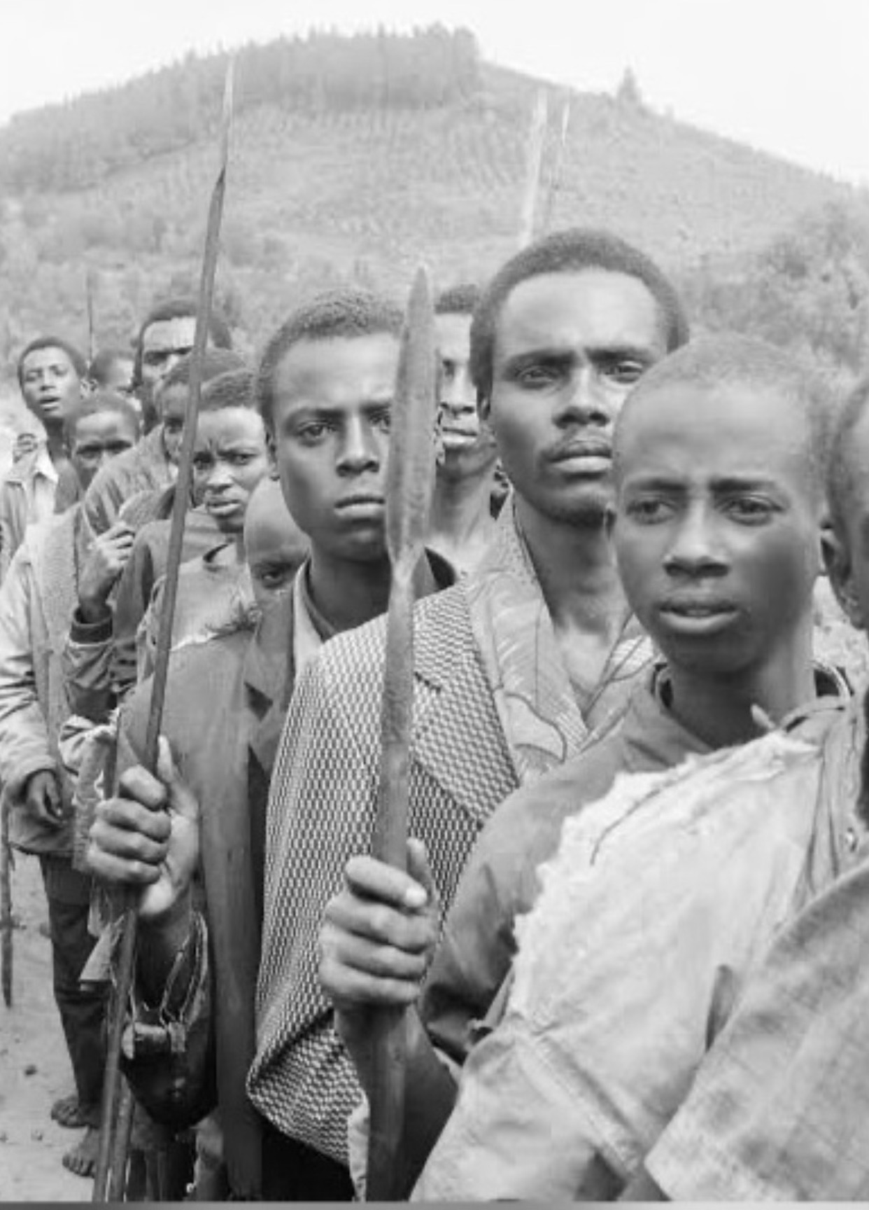 Young men in Bisesero, under the leadership of elders such as Aminadab Birara, took up spears, stones, and firearms to resist Hutu attackers. (Photo by Gysembergh Benoit/Paris Match via Getty Images)