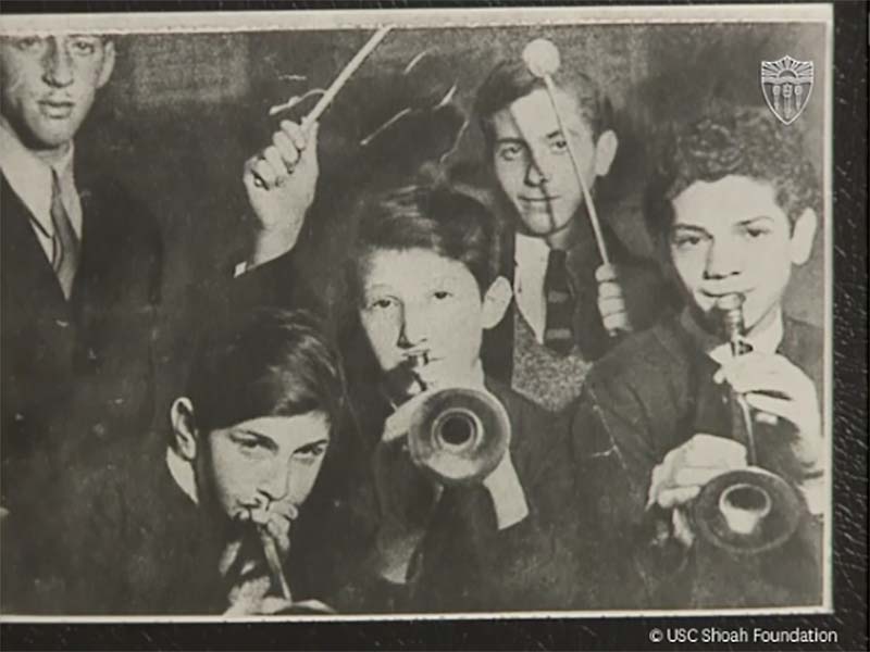 Robert Widerman, far right, with the bandmates from his apartment building on Île Saint-Louis in 1941. His friend, Henri Adoner, on the left, was deported and killed in Auschwitz. The other boys were hidden and survived.