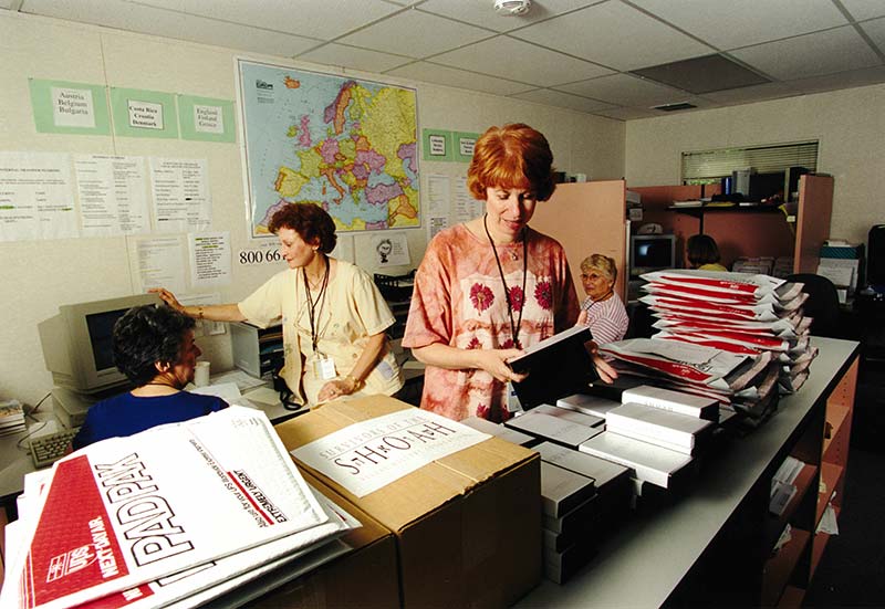 Volunteers in the Shoah Foundation office on the Universal Studios lot, 1995.