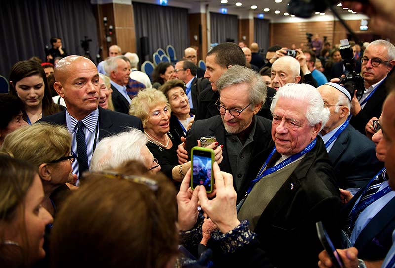 USC Shoah Foundation founder Steven Spielberg meets with Holocaust survivors during an Institute visit to Poland in honor of the 70th anniversary of the liberation of Auschwitz, 2015.