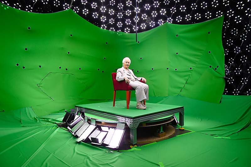 Holocaust survivor Renee Firestone sits to record her Dimensions in Testimony interview, 2015. The interactive technology allows people to have a conversational experience with Holocaust survivors and other witnesses to genocide in a real-time format