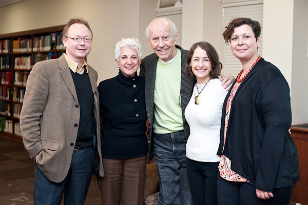 From left to right:  USC Shapell-Guerin Chair in Jewish Studies, Dr. Wolf Gruner; Director of Development, Major Gifts, Daisy Miller; guest survivor, resister, and actor Curt Lowens; USC Shoah Public Outreach and Marketing Specialist Sonya Sharp; and Exile Studies Librarian Michaela Ullmann.