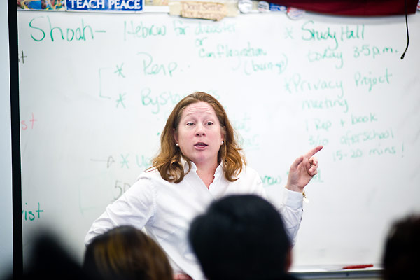 Merri Weir, Carson High School teacher, presenting the lesson module to her class.