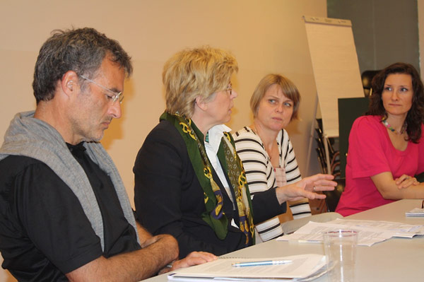 Werner Dreier, Alida Matković, and Monika Vrzgulová discuss challenges of working with video testimony.  Amy Marczewski (far right) facilitates the discussion.