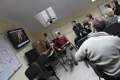 Seminar participants view eyewitness testimony, part of the Ukrainian Famine lesson.
