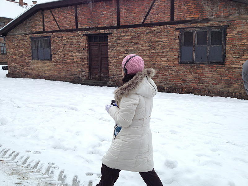 Walking through Auschwitz-I during our tour of the camp. 
