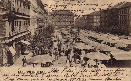 Dobová pohlednice zachycující Tylovo náměstí, hlavní trh Královských Vinohrad. Sbírka Martina Šmoka.