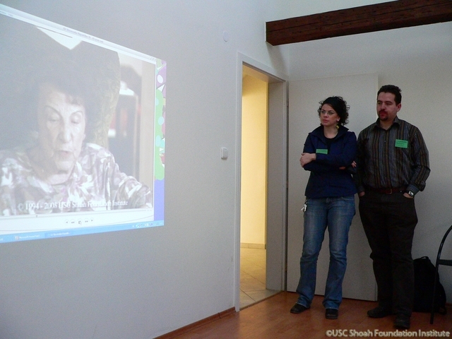Historian Ján Hlavinka and Daniela Richterová, from the Center for Documentation of the Holocaust, viewing Katarína Lofflerová's testimony clip, November 2008.