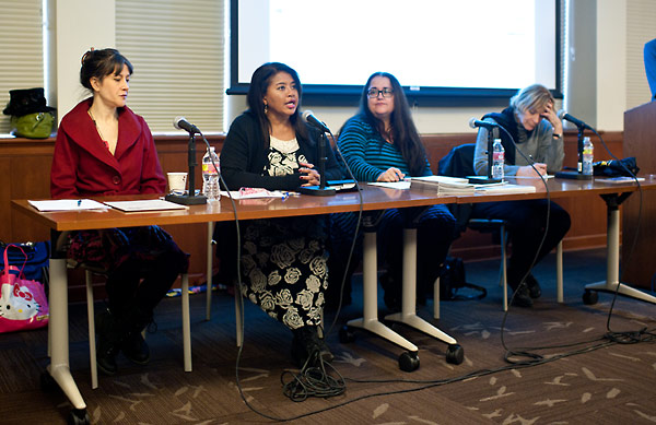 The lecture panel, from left to right:  Betsy Salkind; Velina Hasu Houston; Laurie Woolery; and Ruth Weisberg.