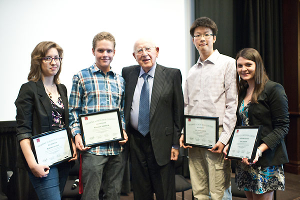 From left:  Contest Winners Kayla Carlisle and Will Merrick; contest jury member Branko Lustig; Runner Up Jee Woo Choi; and Viewer’s Choice Award Recipient Zoe Jablow.