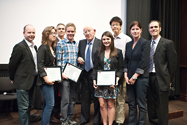 From left:  Stephen D. Smith, Executive Director, USC Shoah Foundation Institute; Kayla Carlisle, Contest Winner; Michael Renov, Professor of Critical Studies and Vice Dean of Academic Affairs, USC School of Cinematic Arts; Will Merrick, Contest Winner; Branko Lustig, Academy Award-winning producer and Holocaust survivor; Zoe Jablow, Viewer's Choice Award Winner; Jee Woo Choi, Runner Up; Holly Willis, Research Assistant Professor and Director of Academic Programs, Institute for Media Literacy, USC School of Cinematic Arts; and Dan Leshem, Associate Director of Academic Outreach and Research, USC Shoah Foundation Institute.