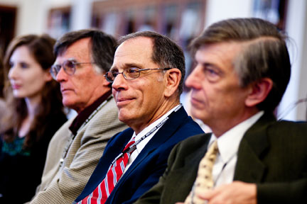 Right to left:  Stephen Molstad, Los Angeles School of Global Studies (Los Angeles, California); Jerome Coben, member of the Institute's Board of Councilors; Jim McGarry, Mercy High School (San Francisco, California); and Emily Loynachan, Institute Intern.