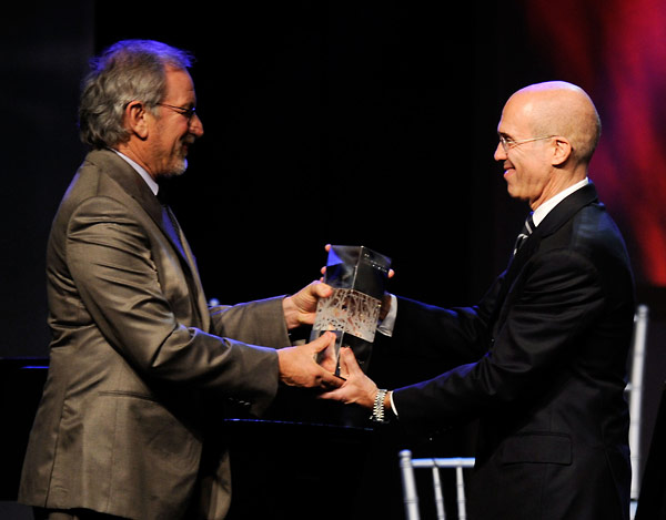 Steven Spielberg presents the 2010 Ambassadors for Humanity Award to Jeffrey Katzenberg.