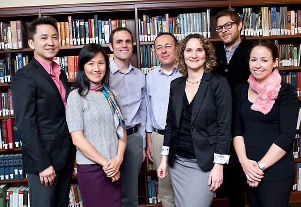 Panelists and student organizers pose for a commemorative picture at the (Re)collections event.  From left to right:  Viet Thanh Nguyen, USC doctoral student in Comparative Literature; Ana Paulina Lee; Dan Leshem; Oren Meyers; Neta Kligler-Vilenchik; Josh Kun; and PhD Candidate in the USC Art History Department, Jennifer Reynolds-Kaye.