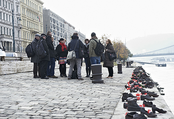 Visit to the Shoes on the Danube Promenade memorial in Budapest.  It honors the Jews who were killed by fascist Arrow Cross militiamen in Budapest during World War II.