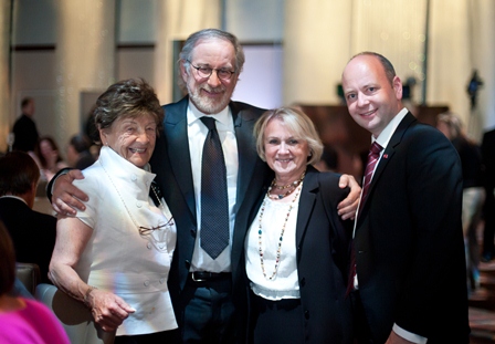 From left:  Holocaust survivor Sidonia Lax; Steven Spielberg; Holocaust survivor Paula Lebovics; and Stephen D. Smith, Executive Director of the USC Shoah Foundation Institute.