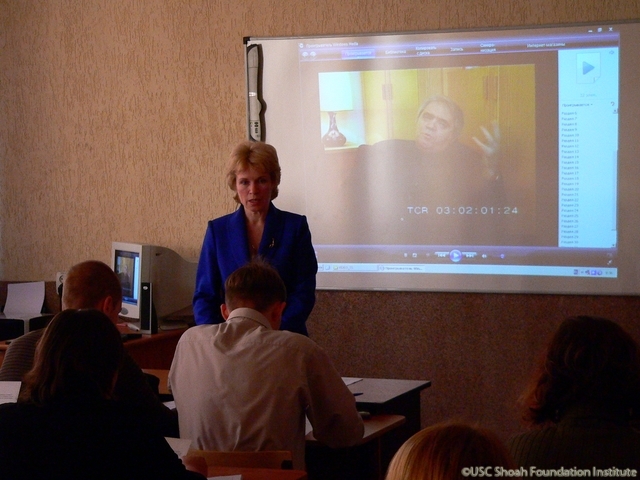 Svetlana Gorbacheva models the classroom lesson she authored using testimony from the archive, to educators in Kaliningrad, November 2008.  The lesson utilizes a clip from the testimony of Aleksandr Gelman.