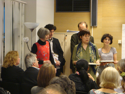 Winners of the program to develop testimony-based educational materials speak about the process of developing their lessons, at the April 17, 2010 award ceremony at the Holocaust Memorial Center in Budapest.  (Tünde Greksza, Zita Gonda, József Molnár, Péter Molnár, Márta Nagy.)