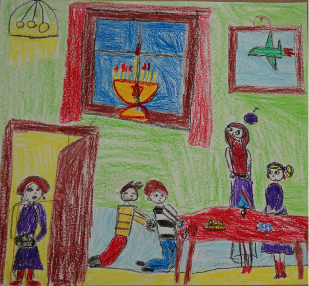 Students drew pictures about Hanukkah, inspired by testimony