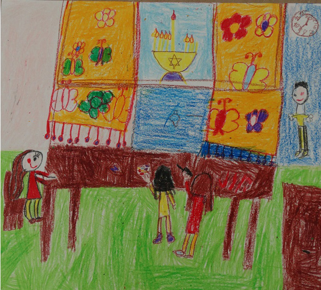 Students drew pictures about Hanukkah, inspired by testimony