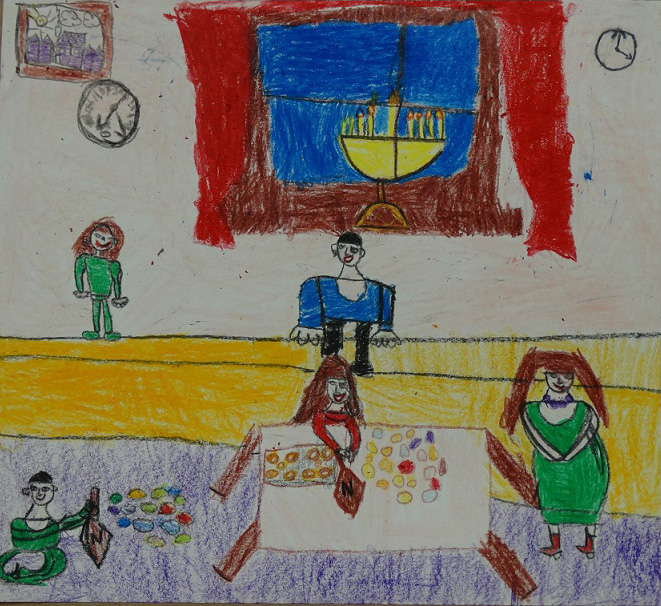 Students drew pictures about Hanukkah, inspired by testimony