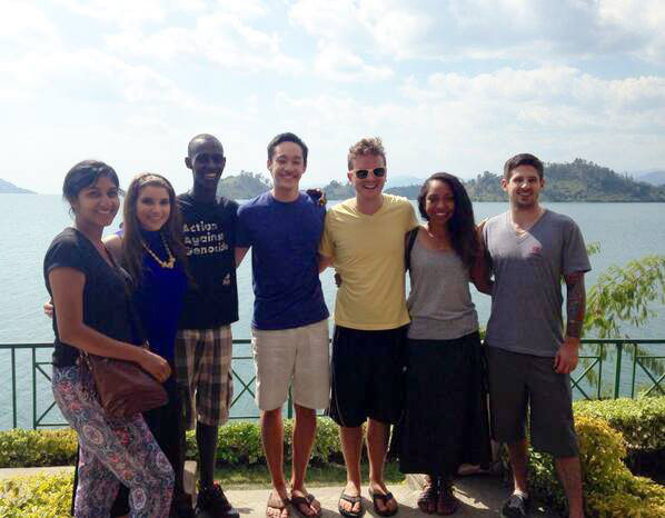 Rwandan guide Yannick Tona, third from left, and the class at Lake Kivu