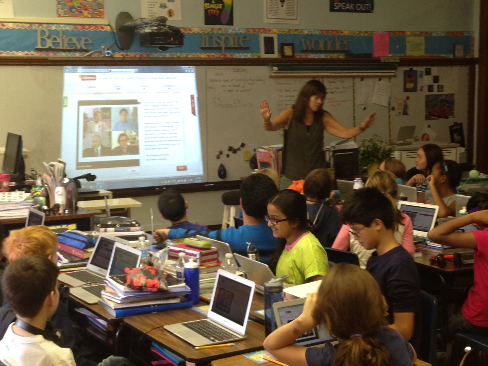 Teacher Suzi Gantz leads her 5th graders in a pilot of the IWitness activity 