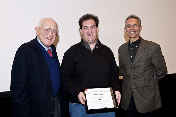 Branko Lustig and Michael Renov recognize competition participant Joshua Kadish.