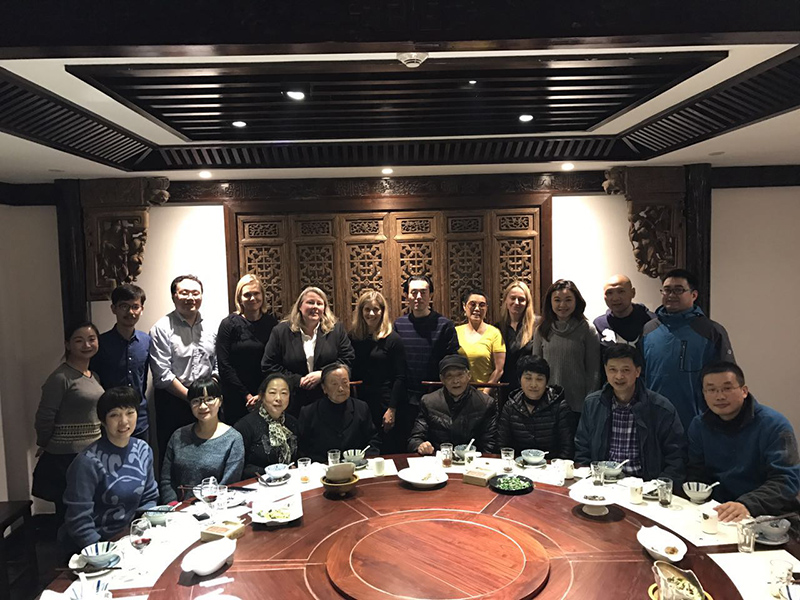 Restaurant in Nanjing with two survivors and their families.  Madame Shuqin Xia seated fourth from left. Next to her is Chang Zhiqiang. In back are (second from left) Cheng Fang Professor Yanming Lu, Ulrika Citron, Kori Street, Kim Simon, Chen Gong, Cecil