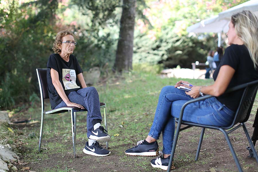 Beatriz Vilensky speaks with USC Shoah Foundation interviewer Natalie Mann in Kibbutz Maale Hahamisha near Jerusalem, where Beatriz has been living since she was attacked in her Kibbutz Zikim home on October 7.