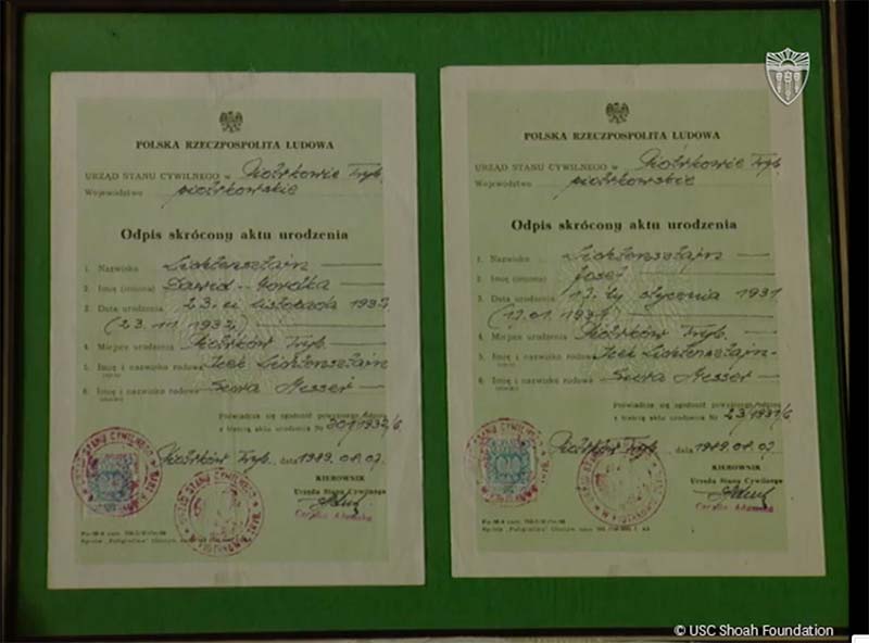 Rena Quint has no pictures of her birth family, so she framed her brothers’ birth certificates and her parents marriage certificate, which she was able to locate in Piotrków archives in 1989.
