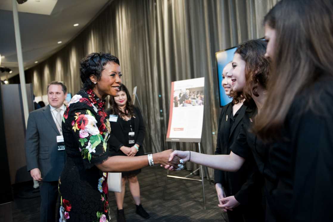 2016 IWitness Video Challenge winners meeting with Ambassador for Humanity Gala honorees Mellody Hobson and George Lucas.