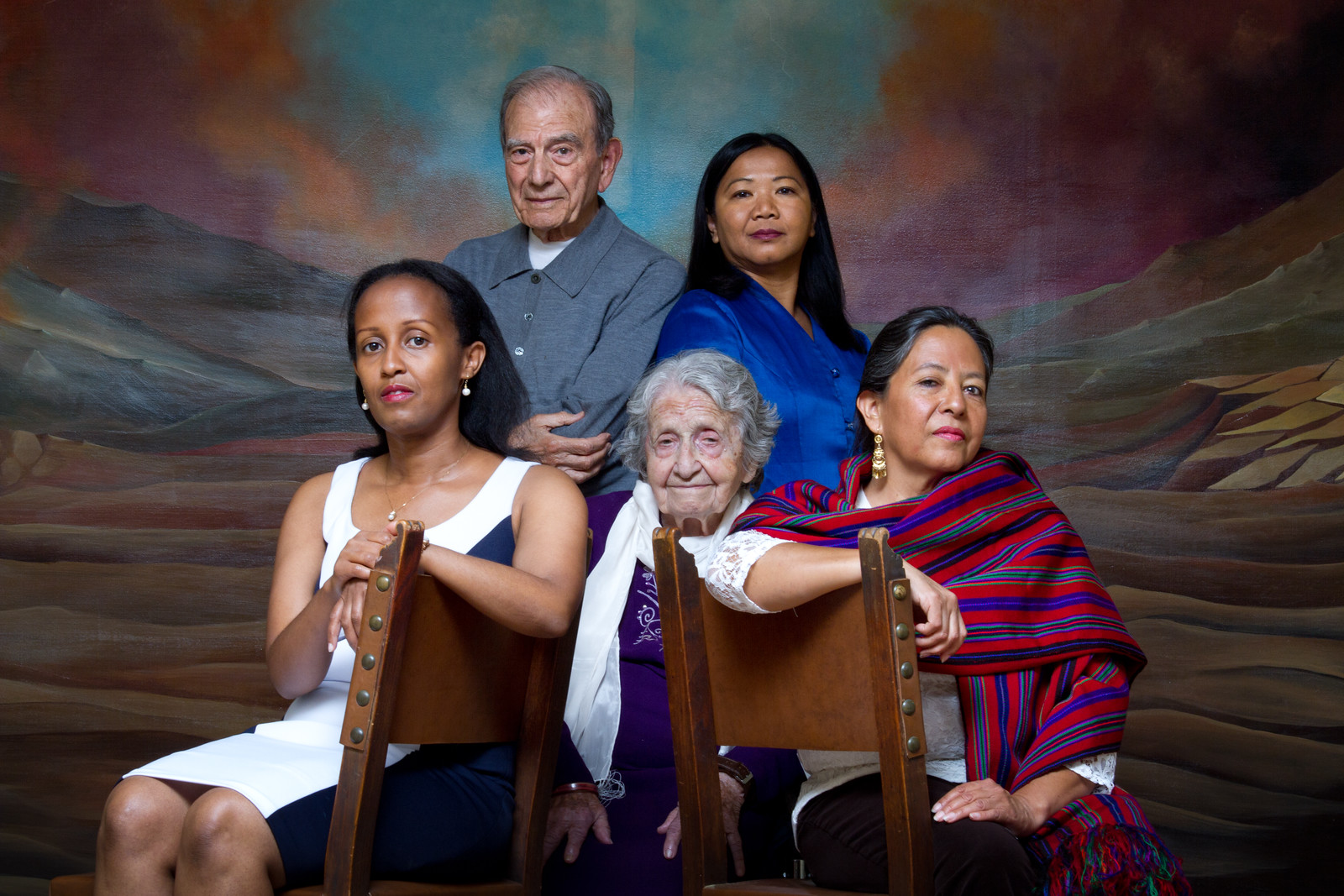 Survivors from five genocides met in April of 2016. They include Edith Umugiranez from Rwanda; Dario Gabbai, Holocaust; Yevigne Salibian, Armenia; Aracely Garrido, Guatemala; and Sara Pol-Lim, Cambodia.    