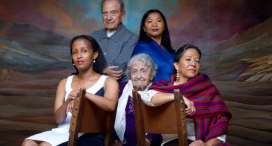 Survivors from five genocides met in April of 2016. They include Edith Umugiranez from Rwanda; Dario Gabbai, Holocaust; Yevigne Salibian, Armenia; Aracely Garrido, Guatemala; and Sara Pol-Lim, Cambodia.    