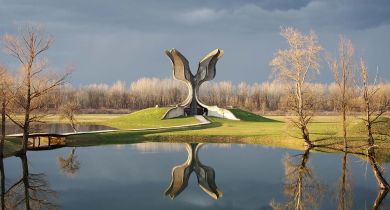 The Flower Monument in Jasenovac, the former concentration and death camp in the Independent State of Croatia, where more than 16,000 Roma were killed during World War II. 