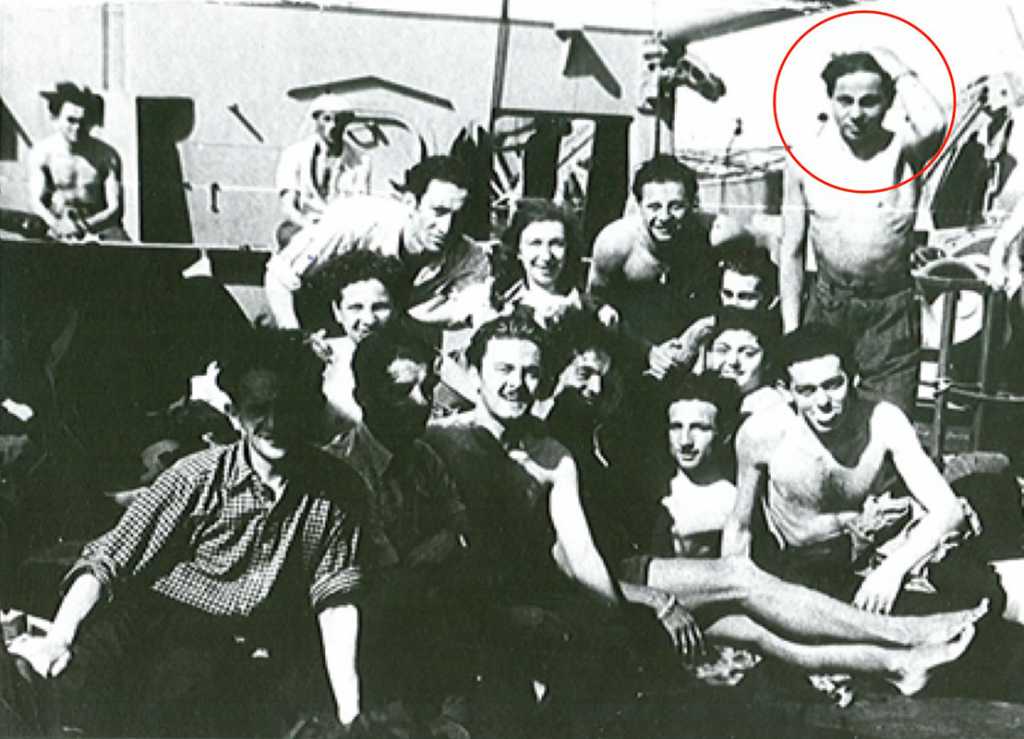 Morris Friebaum (Moniek Frajbaum) – circled in red – at 19 years-old, aboard the SS Marine Marlin, Sept. 1946, along with other young Holocaust survivors emigrating from Germany to the U.S., to begin his post-Holocaust life in heartbreaking circumstances identical to those he experienced throughout WWII: completely on his own, without family, friends, an education, money, possessions, keepsakes, heirlooms, or a single photograph.