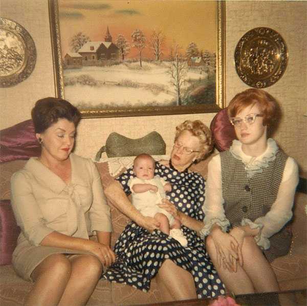 Four generations in one photo: my grandmother, her mother holding me, and her daughter, my mother, where I get my ginger hair from.