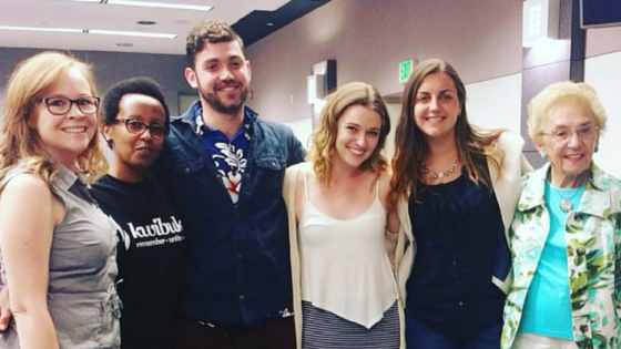 (L-R) Deanna Hendrick, Rwanda Survivor Edith Umugiraneza, former comms intern Alex Biniaz, current comms intern Emily Kocontes, myself Marina and Holocaust survivor Celina Biniaz. (L-R) Deanna Hendrick, Rwanda Survivor Edith Umugiraneza, former comms intern Alex Biniaz, current comms intern Emily Kocontes, myself Marina and Holocaust survivor Celina Biniaz.