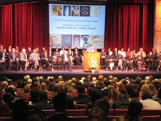 Students, parents, teachers, and Holocaust survivors attended the awards ceremony at Chapman University. Students, parents, teachers, and Holocaust survivors attended the awards ceremony at Chapman University.